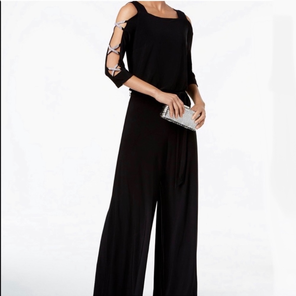 MSK Women's Rhinestone Ladder Trim Sleeve Wide Leg Jumpsuit